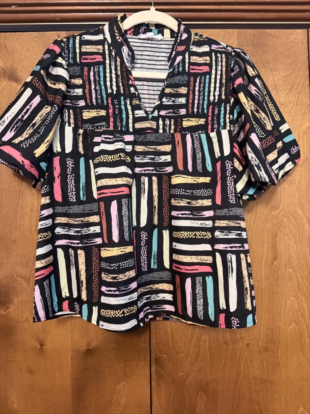 THML Black V-Neck Short Sleeve Top with Multicolor Brushstroke Blocks size s